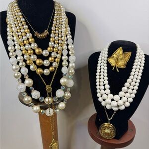 VTG 7 PIECE JEWELRY BUNDLE Luxurious Gold-White-Pearl Costume Jewelry Collection